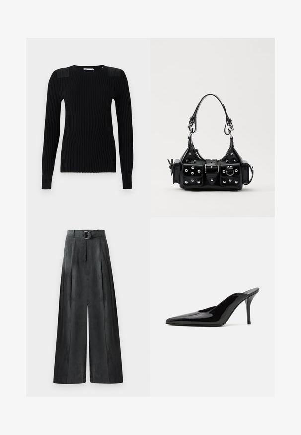 Czarny sweter z prążkowanej dzianiny z długimi rękawami, z teksturowanymi panelami na ramionach i okrągłym dekoltem. Gładkie wykończenie i dopasowany krój.; Szerokie spodnie w ciemnoszarym kolorze, charakteryzujące się gładką fakturą, plisami oraz paskiem z srebrną klamrą w wysokim talii.; Czarne lakierowane mule na wysokim obcasie z wąskim noskiem i elegancką sylwetką, charakteryzujące się otwartym tyłem i smukłym szpilką.; Czarna skórzana torebka w zakrzywionym kształcie, z srebrnymi ćwiekami, klamrą i dwoma bocznymi kieszeniami. Regulowany pasek umożliwiający różne opcje noszenia.