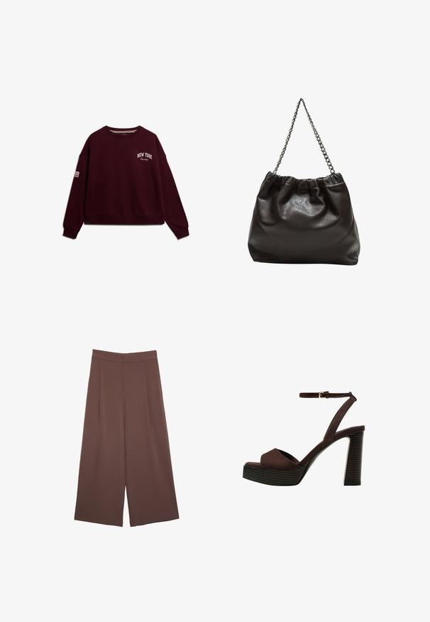 Felpa bordeaux con collo rotondo, spalle scese e polsini a costine. Presenta "NEW YORK" e "Squady" ricamati in bianco.; Pantaloni ampi marroni con una texture liscia, caratterizzati da una vita alta e pieghe frontali. Il tessuto è leggero e scorre liberamente.; Sandal in camoscio marrone con tacco alto, punta aperta, cinturino alla caviglia regolabile e suola a piattaforma striata.; Borsa in pelle marrone con parte superiore arricciata e tracolla a catena. Texture liscia con finitura lucida e dettagli di cucitura sottili sui lati.