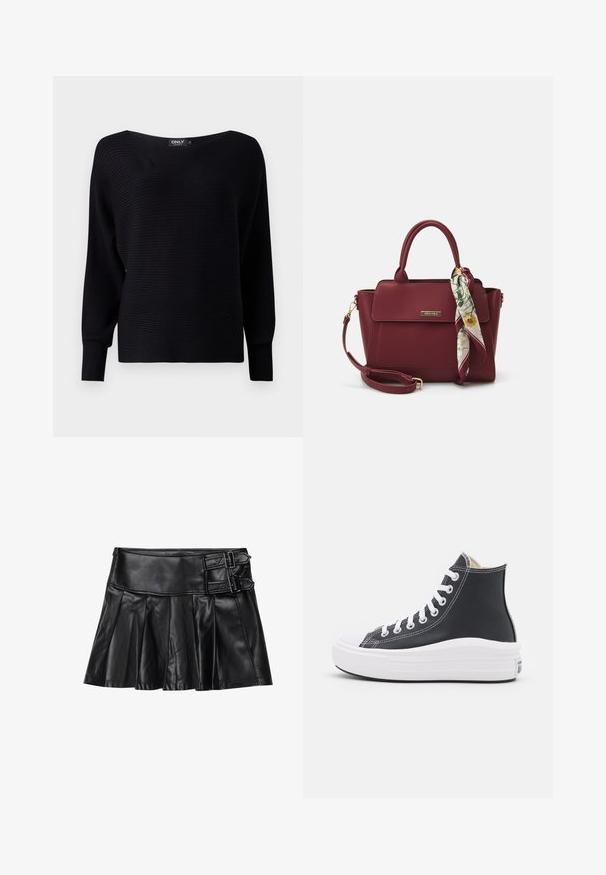 Pull en tricot noir à côtes avec un large décolleté, des manches longues et une coupe ample, présentant un tissu texturé et un design minimaliste.; Jupe en cuir noir avec des plis, taille large et deux accents à boucle sur le côté. Texture lisse avec une finition brillante.; Baskets montantes noires avec lacets blancs et semelle en caoutchouc. Présente une texture en cuir lisse et des accents de couture blancs.; Sac à main bourgogne en matériau synthétique avec un design structuré, doté d'une bandoulière amovible et d'un foulard à motif floral noué au poignet.