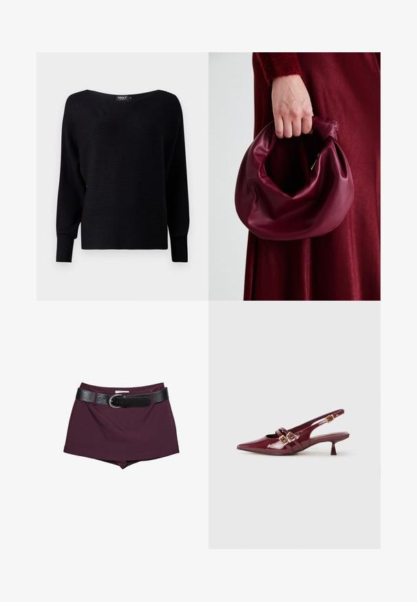 Musta ribbed neulepaita, jossa on leveä kaula-aukko, pitkät hihat ja löysä istuvuus, jossa on tekstuurinen kangas ja minimalistinen muotoilu.; Viininpunaiset shortsit mustalla nahkavyöllä. Suunnittelussa on sileä pinta ja napakka muoto, jossa on leveä, soljella kiinnitettävä vyö.; Burgundin värinen patenttinafta salkokengät, joissa on terävä kärki, kaksi litteää hihnaa kultaisilla soljilla ja pieni korko.; Burgundy-nahkakäsilaukku, jossa on pehmeä, ryppyinen muotoilu ja pyöreä muoto. Kahva on kiinnitetty tukevasti, ja siinä on sileä pinta.