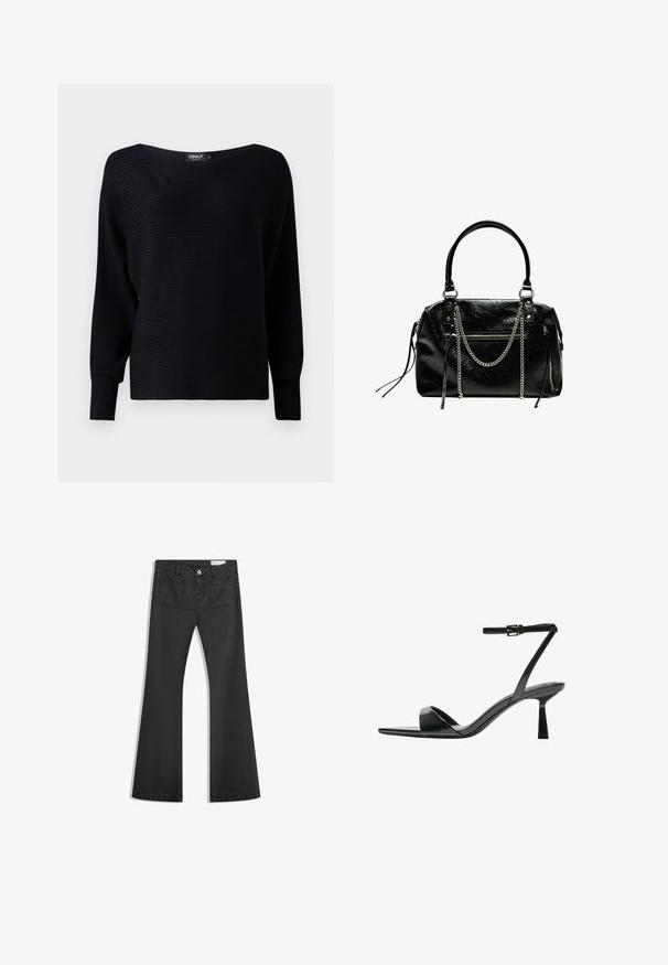 Pulover negru din tricot cu rigiditate, cu un decolteu larg, mâneci lungi și un croi lejer, având un material texturat și un design minimalist.; Blugi negri evazați din denim cu o textură netedă, având două buzunare la spate și închidere cu buton la talie.; Bershka Sandale cu toc - black; Bershka WITH CHAIN - Geantă de mână - black