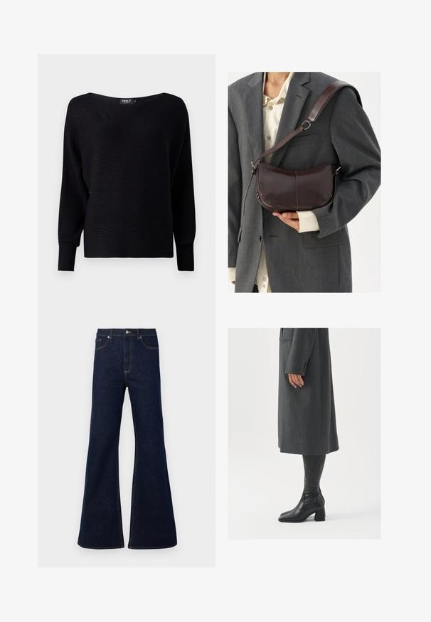 Czarny sweter z prążkowanej dzianiny z szerokim dekoltem, długimi rękawami i luźnym krojem, charakteryzujący się teksturowanym materiałem i minimalistycznym wzornictwem.; Ciemnoniebieskie dżinsy w stylu dzwonów z wysokim stanem, przednimi kieszeniami i złotymi przeszyciami. Gładka tekstura z tradycyjnym krojem.; Szary, dopasowany płaszcz o prostym kroju; zestawiony z czarnymi skórzanymi kozakami do kolan z kwadratowym noskiem i grubym obcasem.; Brązowa skórzana torba na ramię o zakrzywionym kształcie, z odczepianym paskiem, gładką fakturą i widocznymi detalami stębnowania.