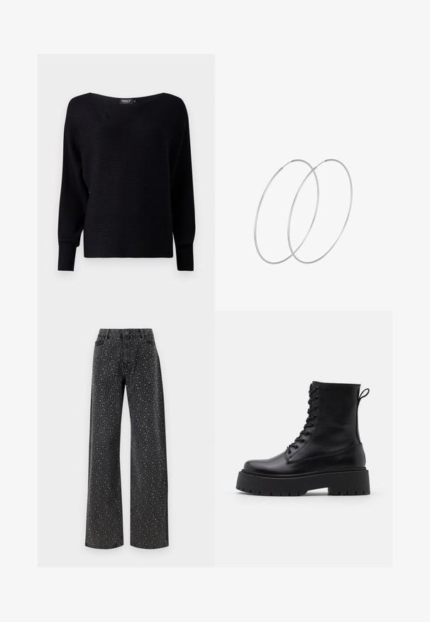 Black ribbed knit sweater with a wide neckline, long sleeves, and a loose fit, featuring textured fabric and minimalistic design.; Noisy May NMJANNEL LOOSE - Relaxed fit jeans - black denim; Black leather ankle boots with a round toe, lace-up front, and a thick rubber sole featuring a textured tread. Pull tab at the back.; Silver hoop earrings with a minimalist design. Circular shape, smooth texture, and thin profile. Lightweight with a polished finish.
