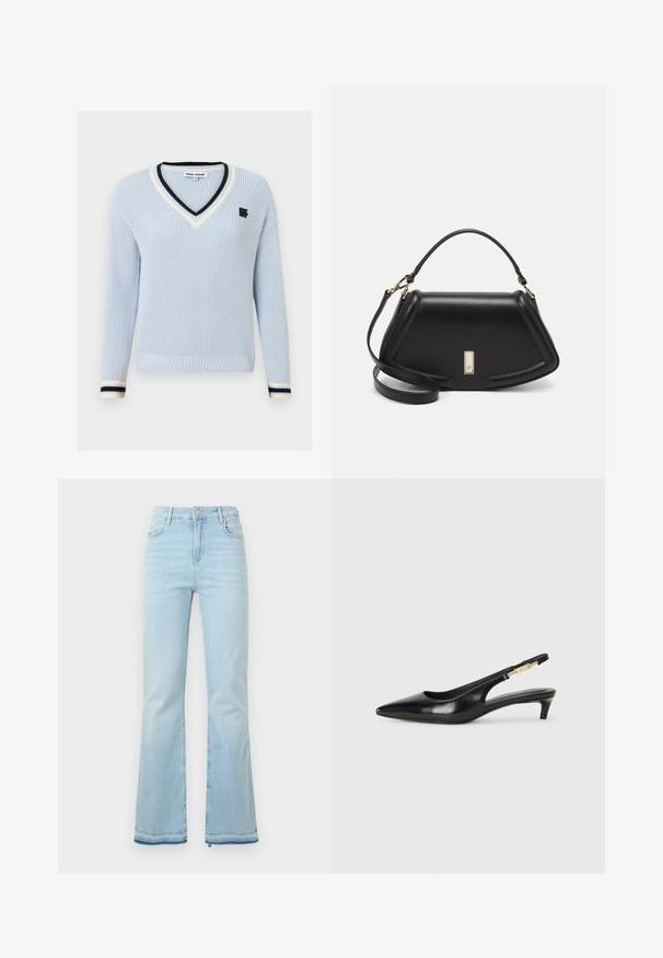 Lyseblå v-utringet strikket genser med svarte og hvite striper ved kragen og mansjettene, med en liten logo på brystet.; Lyseblå flagrende jeans laget av denim, med høy midje, frontlommer og rå kant ved mansjettene for et uformelt utseende.; Sorte lærreim hæler med spiss tå, som har en slank hæl og en gullfarget detalj på den justerbare stroppen. Glatt tekstur.; Sort lærveske med en strukturert design, som har en avkortet form, topphåndtak og detaljer i gull. Justerbar skulderstropp inkludert.