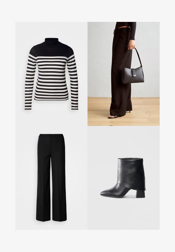 Schwarz-weißer gestreifter Rollkragenpullover mit langen Ärmeln. Verfügt über einen einfarbigen schwarzen oberen Abschnitt und horizontale Streifen entlang des Körpers.; Schwarze weit geschnittene Hosen aus glattem Stoff mit hoher Taille, taillierten Nähten und minimalistischer Gestaltung. Keine sichtbaren Beschläge oder Taschen.; Schwarze Lederstiefelette mit spitzer Zehenform, glatter Oberfläche und strukturiertem Blockabsatz. Mit einem hohen, gefalteten Schaftdesign.; Schwarze Handtasche mit strukturierter Form, glatter Textur und einem metallischen Verschluss. Kombiniert mit weiten schwarzen Hosen und offenen Sandalen auf einem Holzboden.