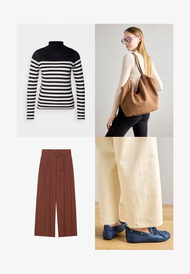 Črno-bela turtleneck pulover s dolgimi rokavi. Ima enakomerno črn zgornji del in vodoravne stripe po celotni dolžini.; Široke hlače iz rjavega blaga, ki vključujejo pas s kvadratno zaponko, nabran dizajn in gladko teksturo.; Modri usnjeni čevlji z gladko teksturo, podrobnostmi vezanja in srebrnimi očesi, v kombinaciji z bež širokimi hlačami.; Rjava semišna torba z mehko teksturo, velikim odprtjem in dolgimi ročaji. Ima preprost dizajn z vidnim šivanjem in brez okovja.