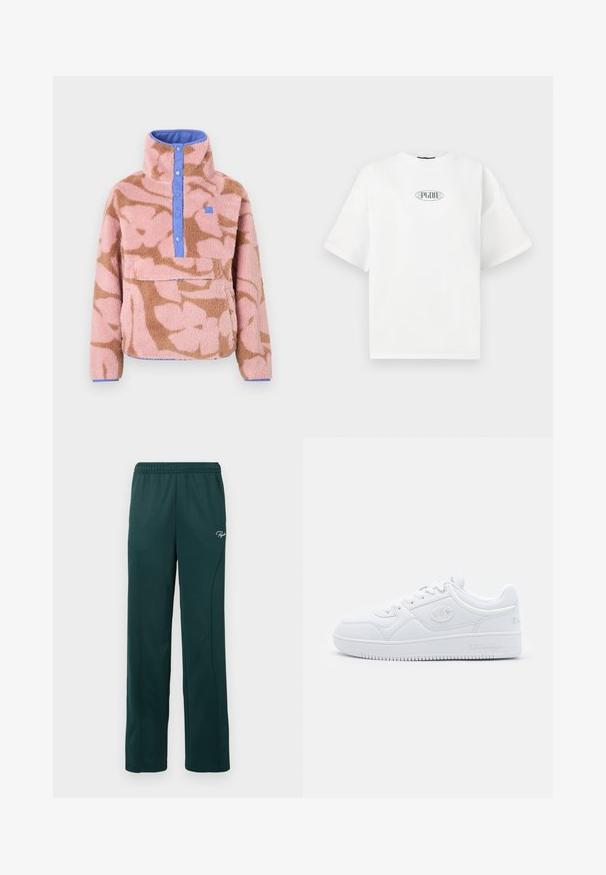 Fleece-trøje med blomstermønster i pink og brun, med høj krave, blå knaplukning og en forlomme.; Hvid kortærmet t-shirt lavet af bomuld, med et grafisk logo i grønt inden for en oval form i centrum af brystet.; Mørkegrønne sweatpants lavet af blødt stof, med elastisk talje og sidesømme, samt et lille logo foran.; Hvide sneakers lavet af glat syntetisk materiale, med rund tå, flad sål og diskrete logo detaljer på siderne. Klassisk lavt design.