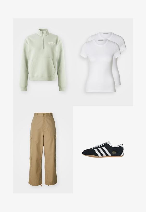 Sweatshirt verde claro com fecho, gola alta, bolso tipo canguru e logótipo bordado "New Balance Athletics" no peito. Textura suave.; Duas t-shirts de algodão brancas com mangas curtas, decote redondo e uma silhueta ajustada, exibindo uma textura suave e design minimalista.; Calças cargo bege com uma cintura alta, pernas largas e quatro grandes bolsos laterais. Feitas de um tecido resistente com uma textura suave e minimalista.; Sapatilha de camurça preta com três riscas brancas, logótipo dourado e sola de borracha castanha. Apresenta um design de atar de perfil baixo.
