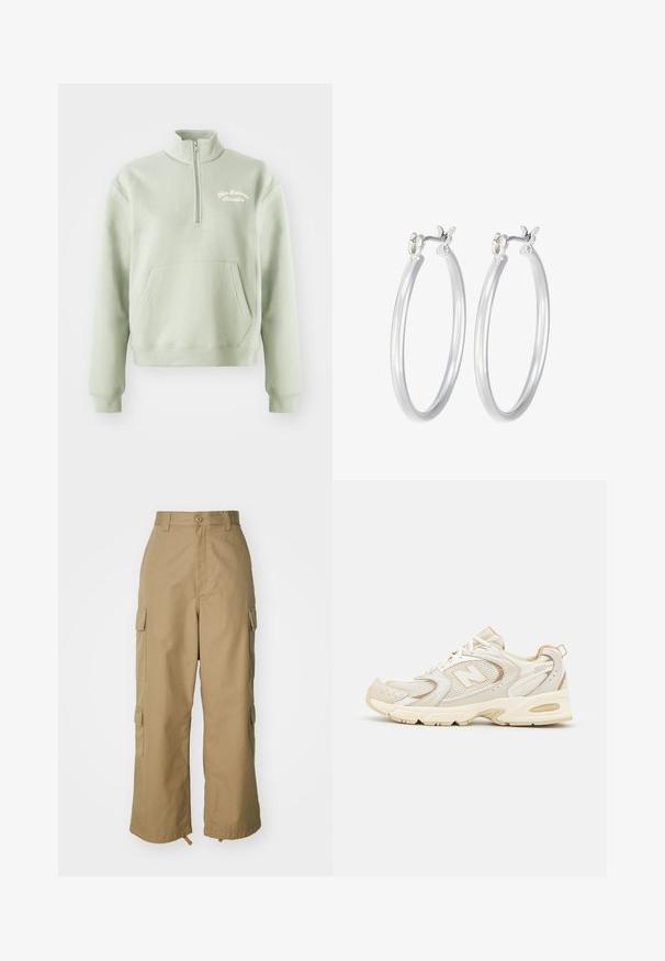 Sudadera de cremallera verde claro con cuello alto, bolsillo canguro y logo bordado de "New Balance Athletics" en el pecho. Textura suave.; Pantalones cargo beige con cintura alta, piernas amplias y cuatro grandes bolsillos laterales. Fabricados con un tejido duradero y una textura suave, con un detalle mínimo.; Zapatillas deportivas beige con superposiciones de malla y sintéticas, presentando una superficie texturizada, un collar acolchado y amortiguación "ABZORB" en el talón.; Pendientes de aro de plata con un acabado liso y pulido. Forma redonda y cierre de click seguro. Diseño ligero adecuado para el uso diario.