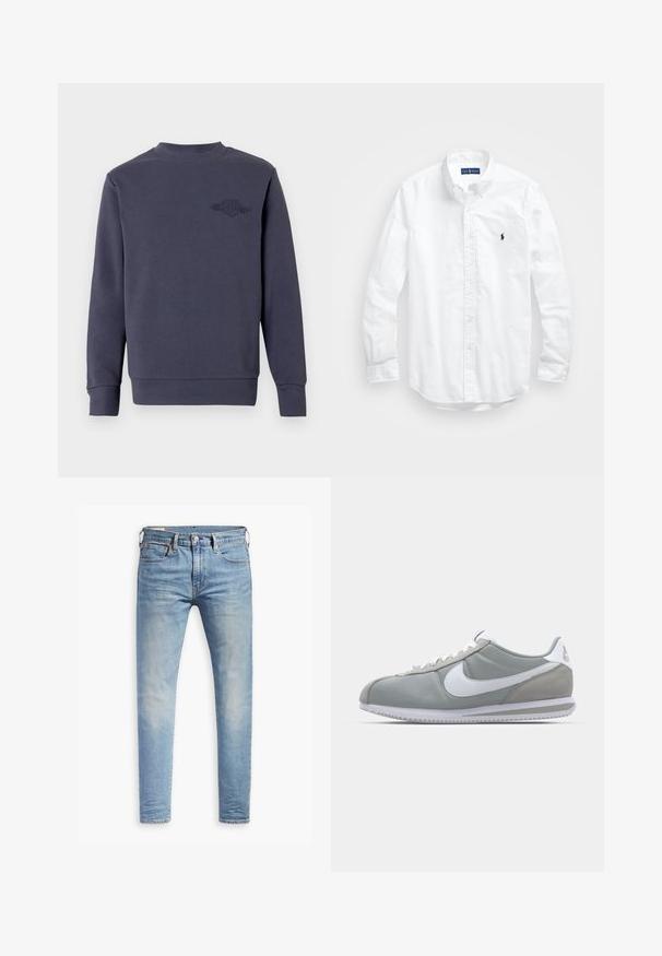 Mikina v tmavomodrej farbe, vyrobená z mäkkej látky, s okrúhlym výstrihom a rebrovanými manžetami. Vyšívané logo na ľavej strane hrudníka.; Biele dlhé rukávy košele so zapínaním na gombíky z bavlny. Má klasický golier, gombíkové manžety a malú tmavomodrú vyšitú logo na hrudi.; Svetlo modré úzke džínsy s miernym prehrdzavením na stehnách, predným gombíkovým zapínaním, pútkami na opasok a štýlom s piatimi vreckami na bielom pozadí.; Sivé športové tenisky s vrchom z semišu a textilu, bielym logom Nike a bielymi šnúrkami. Majú štruktúrovanú gumenú podrážku a polstrovaný golier.