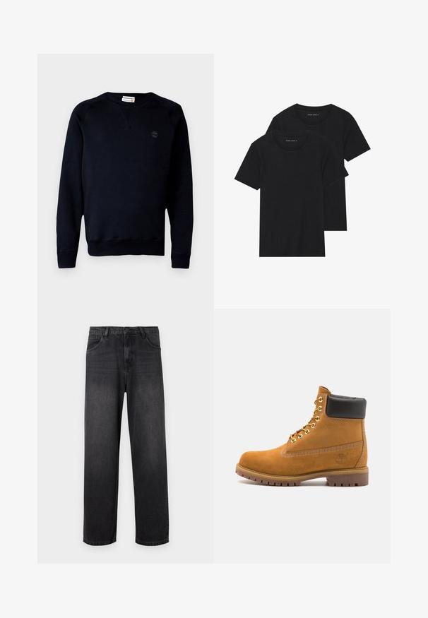 Svart sweatshirt i en bomullsblandning, med rund halsringning, långa ärmar, ribbade muddar och en liten logotyp på bröstet.; Två svarta bomull t-shirts med korta ärmar, rund halsringning och en mjuk textur, visas staplade tillsammans.; Mörkgrå denimjeans med rak bendesign, som har dragkedja, fem fickor och subtila blekningsdetaljer på tyget.; Tan mockasins ankelstövlar med svart vadderad krage, guldmetallöglor, vit sömdekor och slitstöt gummisula med utmärkta mönster.