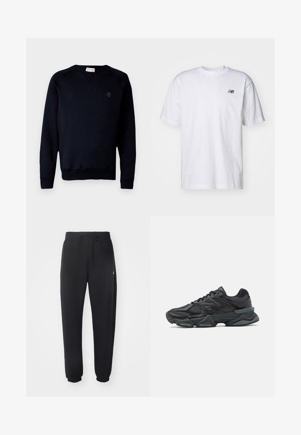 Svart sweatshirt i en bomullsblandning, med rund halsringning, långa ärmar, ribbade muddar och en liten logotyp på bröstet.; Vit kortärmad T-shirt med rund halsringning och en liten svart New Balance-logotyp på vänster bröst, mot en enfärgad bakgrund.; Svarta sweatpants gjorda av mjukt material med elastisk midja, snörning och smalnande mudd, med en subtil logotyp på sidan.; Svart löparsko med en kombination av mesh och syntetiska material, kraftig sula, rundad design och framträdande varumärkning på sidan.