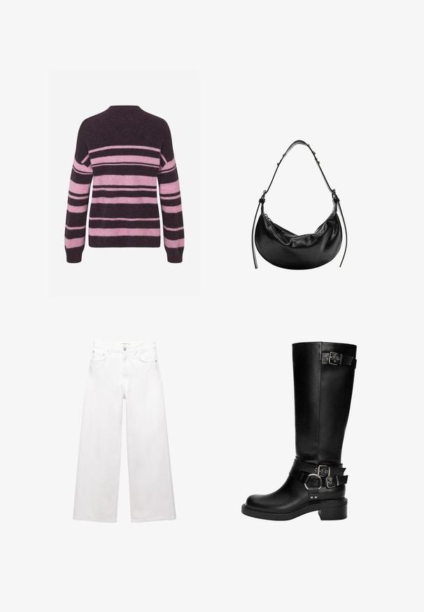 Sötétlila és rózsaszín csíkos, hosszú ujjú pulóver, bolyhos textúrával, hátulról látható.; Fehér, bő szárú farmernadrág, pamutból készült, magas derekú, öt zsebes kialakítással és réz hardver díszítéssel. Simább, nem kopott textúra.; Fekete bőr, térdig érő csizmák lekerekített orral, sarokkal és több díszítő pánttal rendelkeznek, amelyeken ezüst csat és díszítés található.; Fekete bőr kézitáska félhold alakban, sima textúrával és állítható pánttal, diszkrét fém részletekkel. A cipzáras zárás jól látható.