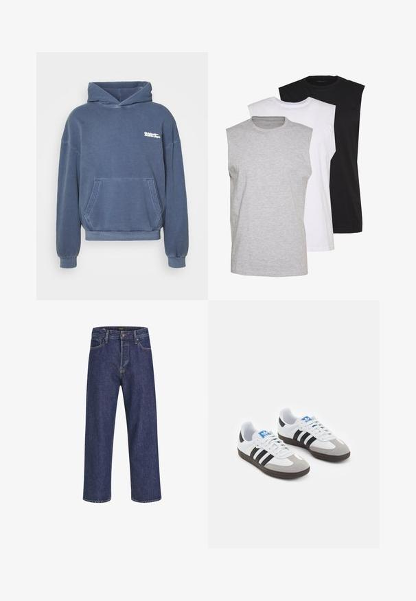 Blue hooded sweatshirt made of cotton blend fabric. Features a front pouch pocket and ribbed cuffs. Distinctive logo printed in white.; Three sleeveless t-shirts in gray, white, and black. Soft cotton material with a crew neck and relaxed fit. Simple design, no patterns.; Dark blue denim jeans with a straight cut, five-pocket design, metal button closure, and contrasting stitching, featuring a subtle texture.; Sport shoes with a white leather upper, gray suede toe, and three black stripes. Features a blue logo on the tongue and a textured rubber sole.