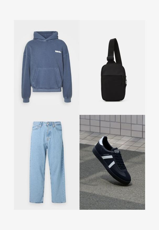 Felpa con cappuccio blu realizzata in tessuto misto cotone. Presenta una tasca a marsupio frontale e polsini a costine. Logo distintivo stampato in bianco.; Jeans a vita alta blu chiaro con gamba dritta, dotati di cinque tasche e chiusura frontale con bottone e zip.; Sneaker neri in pelle con strisce bianche, suola in gomma texturizzata e allacciatura frontale. Presenta un'etichetta con il marchio sulla linguetta.; Borsa a tracolla nera realizzata in tessuto resistente, con una singola tracolla regolabile, un compartimento principale con zip e una tasca frontale.