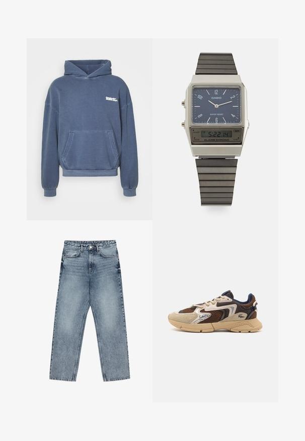 Blauer Kapuzenpullover aus Baumwollmischgewebe. Mit einer vorderen Kängurutasche und gerippten Bündchen. Markantes Logo in Weiß gedruckt.; Hellblaue Jeans aus Denim mit geradem Schnitt, sichtbaren Nähten, fünf Taschen-Design und einem Knopfverschluss an der Taille.; Beige und braune Sneakers mit strukturierten Netzpaneelen, Wildlederakzenten und einer Gummisohle. Verfügt über ein Schnürdesign und Marken-Detailing.; Casio Digitaluhr mit blauem Zifferblatt, silbernem Gehäuse und geschichtetem schwarzen Gummiband. Zeigt Uhrzeit und Alarm Einstellungen an. Wasserdicht.