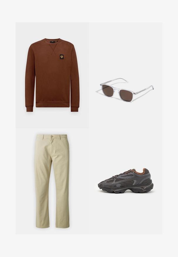 Belstaff BELSTAFF - Ikdienas džemperis - deep copper; Beidzīgo kokvilnas bikses ar taisnu kāju piegriezumu, priekšējo pogu aizdari un jostas cilpām. Gluda tekstūra, nav redzamu rakstu vai akcentu.; Lacoste kedas tumši pelēkā krāsā ar acu audumu un sintētisko materiālu, ar teksturētu zoli un brūniem akcentiem apkaklītē un zīmola uzrakstā.; Skaidras plastmasas saulesbrilles ar taisnstūra formas brūnajiem objekīviem, ar plānām, caurspīdīgām kājām un metāla akcentiem uz tempļiem.