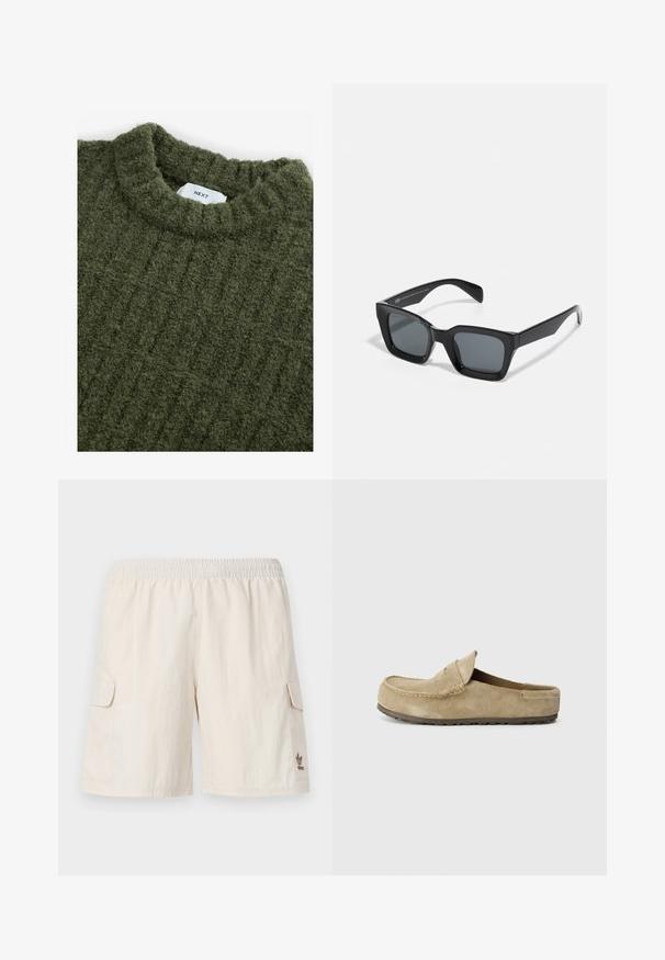 Zöld kötött pulóver magas gallérral, texturált felülettel és finom függőleges bordázással. A nyakrésznél varrott címke található.; Beige színű cargo sort elasztikus derékkal, két oldalsó zsebbel és egy kis logóval a jobb alsó részen. Simább, könnyű anyag.; Birkenstock NAPLES WRAPPED LEVE TAUPEN - REGULAR - Papucsszandálok - taupe; Fekete téglalap alakú napszemüveg sötét lencsék. Műanyag keret fényes felülettel, széles híddal és enyhén kúpos szárakkal.