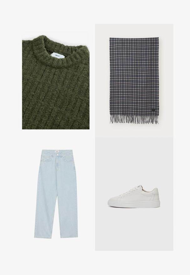 Green knitted sweater with a high neck, textured surface, and subtle vertical ribbing. Features a sewn-in label at the neckline.; Light blue wide-leg jeans made of denim, featuring a mid-rise waist, five pockets, and a button closure with a slim metal accent.; White leather low-top sneakers with a round toe, flat white rubber sole, and minimalistic stitching detail. Laces secured through six eyelets.; Woven wool scarf in dark navy and cream plaid, featuring fringe edges and a small black label accent. Soft texture with a rectangular shape.