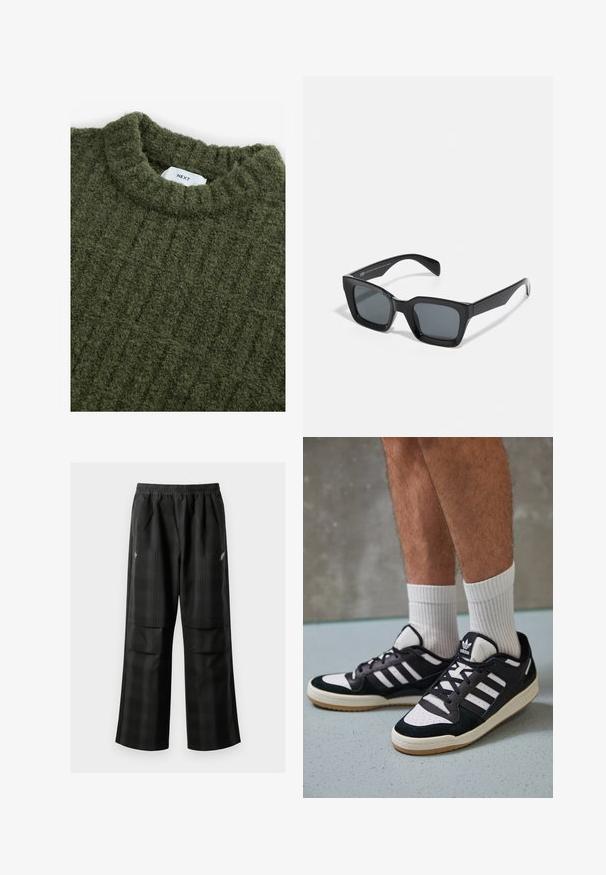 Pulover verde tricotat cu guler înalt, suprafață texturată și nervuri verticale subtile. Are o etichetă cusută la guler.; Pantaloni cu un model carourile negre, având talie elastică, două buzunare frontale și un croi lejer cu picioare drepte. Construiți dintr-un material ușor.; Adidași negri și albi cu un superior din suede și piele, prevăzuți cu trei dungi albe, un vârf perforat și o talpă din cauciuc caramel.; Ochelari de soare rectangulari negri cu lentile întunecate. Ramă din plastic cu un finisaj lucios, având un pod lat și brațe ușor înguste.