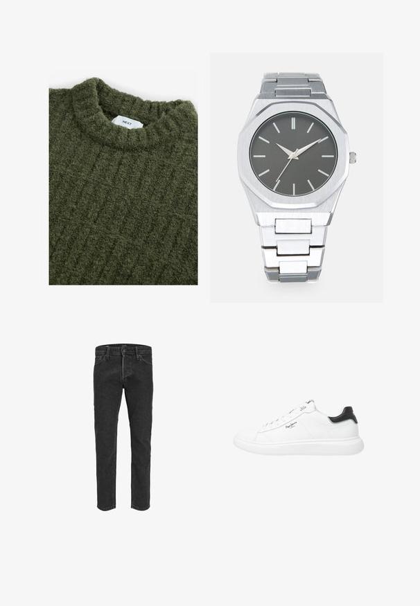 Zeleni pleteni pulover s visokim ovratnikom, teksturiranom površinom i suptilnim vertikalnim rebrastim uzorkom. Ima ušivenu oznaku na ovratniku.; Crne traperice s ravnim krojem, pet džepova i petljicama za remen, s lagano izblijedjelom teksturom i kontrastnim šavovima.; Bijele niske tenisice od kože s glatkom površinom, s crnim akcentima na peti, okruglim vezicama i suptilnim bočnim šavovima.; Srebrni analogni sat s osmostranim kućištem, sivoj brojčanici, srebrnim markerima za sate i narukvicom od nehrđajućeg čelika. Minimalistički dizajn s glatkom teksturom.