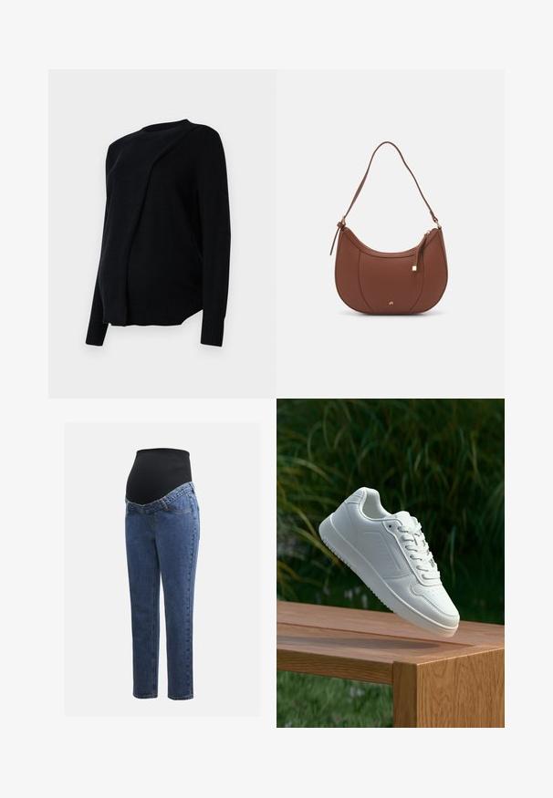 Fekete kötött kismama pulóver, lekerekített nyakkivágással, hosszú ujjak, laza szabással és bordás díszítéssel az ujjaknál és az alján.; Kismamaruhák kék farmer lábakkal és fekete rugalmas haspanellel, amely a növekvő pocakot támogatja és fedi.; Fehér sportcipő sima szintetikus felsőrésszel, perforált lábujjrész, lapos fűzőkkel és texturált talppal, fából készült felületen kihelyezve.; Barna műbőr válltáska ívelt formával, minimális varrással és arany színű kiegészítőkkel. Jellemzője a felső cipzáras záródás és állítható pánt.