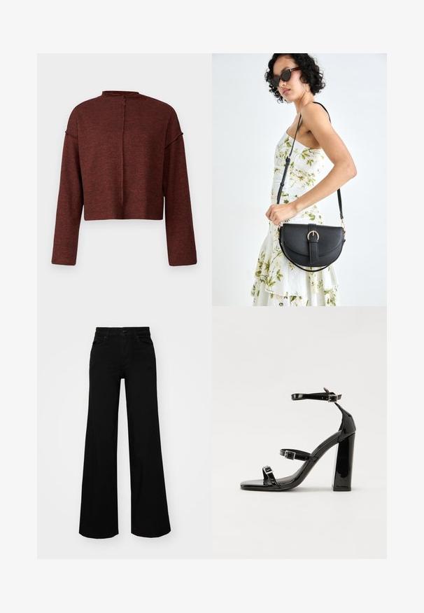 Maroons krāsas piegrieztais džemperis, izgatavots no struktūras auduma. Tam ir garas piedurknes un augsts kakls ar pogu detalizāciju aizmugurē.; Melni plaša kāju bikses, izgatavotas no džinsa, ar strukturētu jostu, jostu cilpiņām un priekšējām kabatām. Gluda tekstūra ar klasisku dizainu.; Melnas lakotas augstpapēžu čības ar kvadrāta purngalu, potīšu siksniņām un sudraba sprādzēm. Aprīkotas ar masīvu bloku papēdi stabilitātei.; Melnas ādas rokassoma ar izliekta formu, noņemamu siksnu un zelta aksesuāriem. Somai ir vāciņš ar sprādzes detaļu.