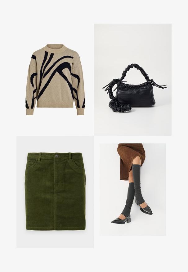 Beige neulepaita, jossa on mustia abstrakteja kaarevia viivoja, ribattu poolokaulus, hihansuuhun ja helmaan, esillä valkoista taustaa vasten.; Tumman vihreä corduroy-hame, jossa on suora leikkaus ja viiden taskun muotoilu sekä metallinen nappisuljin vyötäröllä.; Musta lakattu nahkakengät teräväkärkisillä, leveällä kantapäällä ja nilkkahihnalla, yhdistettynä harmaisiin ribattuihin säärystimiin ja ruskeaan mokkasiinimekkoon.; Must-have mustekahvi nahkalaukku krokotiiliaistalla, kiristetty yläosa ja rypistetty hihna. Näyttää pehmeältä ja kompaktilta muotoilultaan.