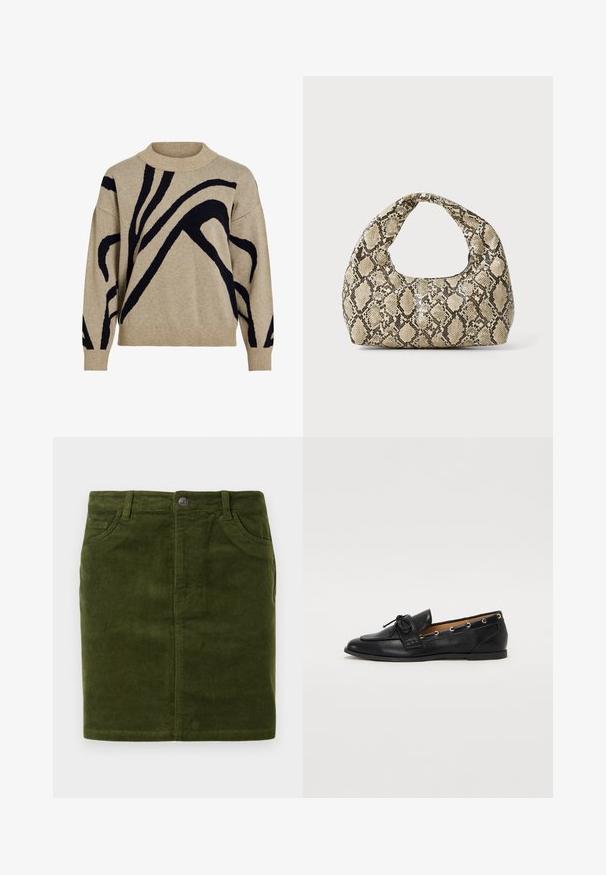 Beige knit sweater with black abstract curved lines, ribbed turtleneck collar, cuffs, and hem, displayed against white background.; Two white sleeveless T-shirts made of soft cotton fabric, featuring a rounded neckline and no visible patterns or hardware.; Dark green corduroy skirt with a straight cut, featuring a five-pocket design and a metal button closure at the waist.; Black leather loafers with a tied bow, featuring gold eyelet accents along the sides and a flat rubber sole. Smooth texture, classic design.; Snake-print handbag with a curved handle. Made from textured, beige and brown materials, featuring a distinctive diamond pattern.