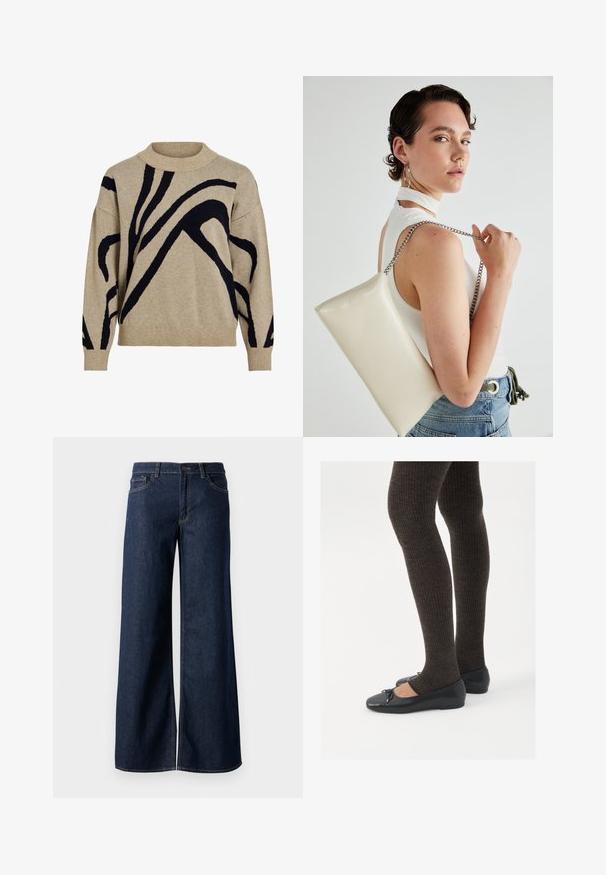 Pulover tricotat bej cu linii negre abstracte curbe, guler înalt cu nervuri, manșete și margine, expus pe un fundal alb.; Jeanși cu picioare largi din denim albastru închis. Prezintă cusături contrastante, cinci buzunare și o închidere cu nasture la talie. Textură netedă.; Pantofi negri cu un detaliu mic de fundiță la vârf, asortați cu colanți maro închis, cu textură ondulată. Pantofii au o textură netedă și un profil joase.; Geantă de clutch rectangulară albă, realizată dintr-un material lucios, având o curea de lanț argintie. Modelul pozează, evidențiind geanta pe un fundal simplu.