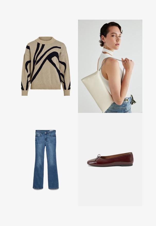 Beige knit sweater with black abstract curved lines, ribbed turtleneck collar, cuffs, and hem, displayed against white background.; Blue denim flared jeans with a mid-rise waist, two front pockets, and a stitched waistband. Soft texture and traditional five-pocket design.; Burgundy patent leather ballet flat with a rounded toe, small bow accent at the front, and a low, black rubber sole. Smooth texture.; White rectangular clutch bag made of glossy material, featuring a silver chain strap. Model poses, showcasing the bag against a plain background.