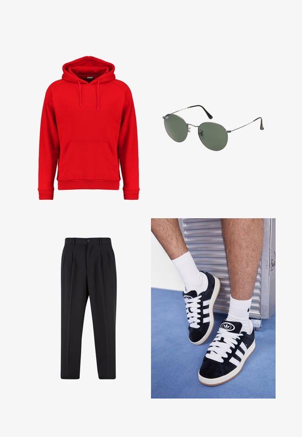 Punane kapuutsiga dressipluus, mis on valmistatud pehmest kangast, ees oleva tasku, nööriga kapuutsi ning soonikkoes varrukate ja hemiga. Lihtne disain, ilma nähtavate logodeta.; Mustad püksid, millel on voltidega eesmine disain, valmistatud siledast kangast. Omab nup closure ja vöökinnitusauke; sirge jalgade lõige.; Mustad nahkjalatsid valgete paelte ja kolme valge triibuga. Omab ümmargust musta logo keele peal ning kummist tallat.; Metallist raamistikuga prillid ovaalsete roheliste läätsedega. Õhuke hõbedane metallraam ja mustad kõrvakatted. Minimalistlik disain, nähtavad logod puuduvad.