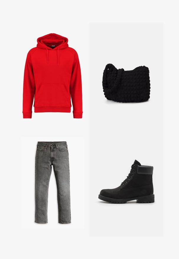 Piros kapucnis pulóver, puha anyagból készült, elülső zsebből, zsinóros kapucniból, valamint bordás mandzsettákból és aljból áll. Egyszerű dizájn, látható logók nélkül.; Szürke farmernadrág, egyenes szárú szabással, öt zsebes dizájnnal és sárgar réz hardverrel a záráshoz és díszítéshez. Látható kopott hatás.; Fekete fűzős bokacipő, párnázott gallérral és strapabíró talppal, oldalnézetből, fehér háttér előtt.; Fekete szövet táska texturált, steppelt mintával. Kerek formájú, rövid, vastag fogantyúkkal és puha, rugalmas szerkezettel.