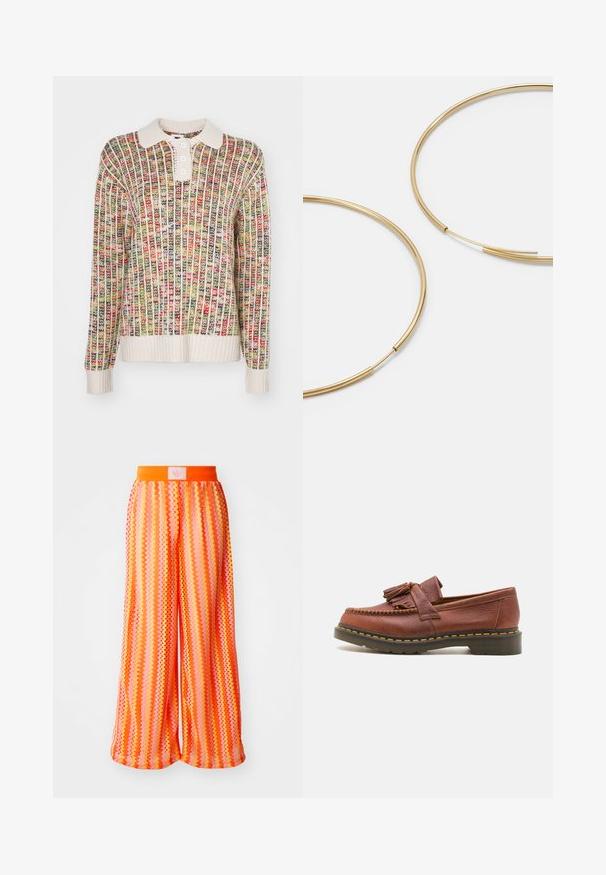 Knit sweater with a collared neckline. Features multicolored vertical stripes in red, green, yellow, and cream. Medium-weight texture.; Wide-leg pants featuring a zigzag pattern in vibrant shades of orange and pink, with an elastic waistband and logo tag at the back.; Brown leather moccasin with tassel accents, textured surface, and contrasting yellow stitching along the black rubber sole. Side view.; Gold-colored hoop earrings, thin and round in shape, with a smooth metallic finish and no embellishments or patterns.