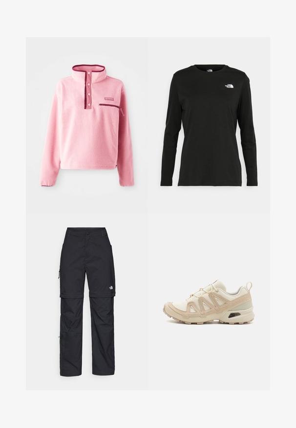 Pullover in pile rosa chiaro con colletto alto, patta con bottoni, tasca sul petto e accenti in bordeaux a contrasto. Tessuto morbido in tutto il capo.; T-shirt nera a maniche lunghe in cotone con colletto rotondo. Presenta un piccolo logo bianco sul lato sinistro del petto. Design semplice e vestibilità comoda.; Pantaloni cargo in nylon nero con zip rimovibile, polsini regolabili, molteplici tasche e un logo sulla gamba destra. Tessuto liscio e leggero.; Scarpa atletica beige e crema con tomaia in mesh testurizzato, sovrapposizioni supportive e suola in gomma con un motivo a tasselli per la trazione.