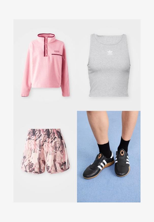 Fleece pulóver svetloružovej farby s vysokým golierom, manžetou na gombíky, vreckom na hrudi a kontrastnými vínovými detailmi. Mäkká textúra po celom povrchu.; Šedý, bezrukávový crop top vyrobený z jemnej látky, s okrúhlym výstrihom a malým bielym logom Adidas na hrudi.; Ružové a hnedé šortky s potlačou, elastickým pásom a bočnými pruhmi, s grafickým dizajnom pripomínajúcim zeleň a konáre.; Čierne nazúvacie topánky s bielymi pruhmi a textúrovaným koženým zvrškom, obsahujúce kruhový detail pri otvore a gumenú podrážku.