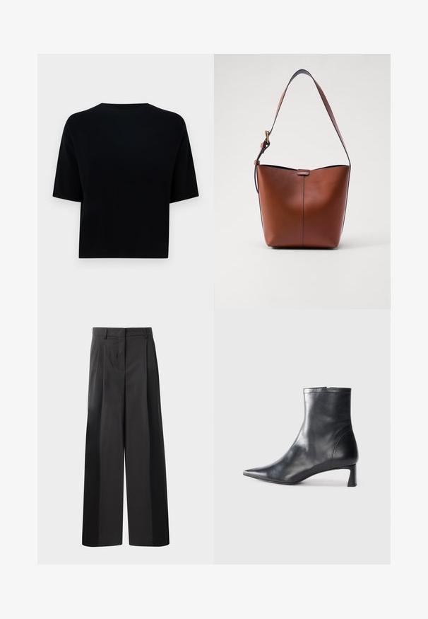 Black short-sleeve cropped t-shirt made from soft cotton. Features a round neckline and smooth texture with no visible patterns or accents.; Black wide-leg trousers with a high waist, featuring front pleats, a smooth texture, and a tailored finish. Designed for a relaxed fit.; Black leather ankle boot with a pointed toe and a sleek design. Features a low heel and a zipper closure at the back. Smooth texture.; Brown leather shoulder bag with a curved shape, smooth texture, and a single thin strap. Features a subtle seam and a small logo detail.