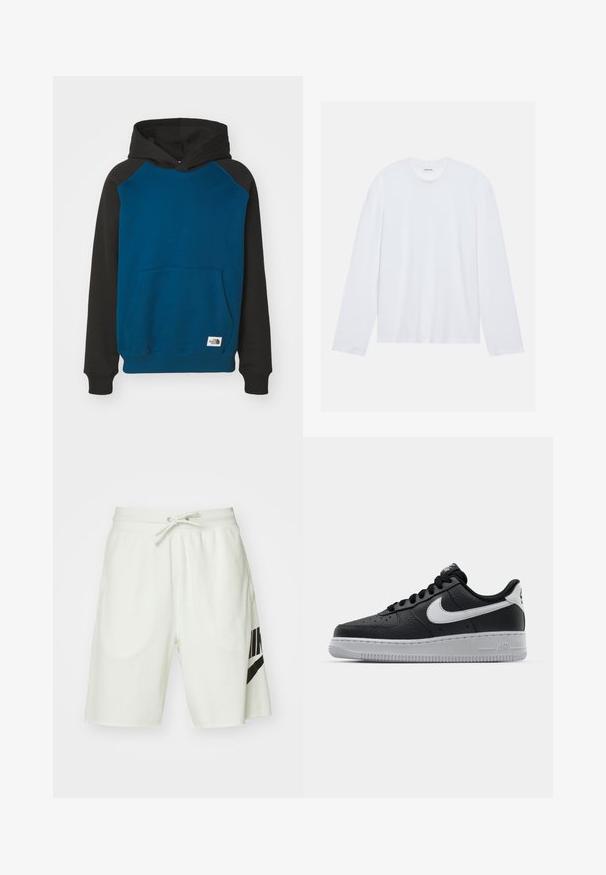 Felpa con cappuccio blu e nera, dotata di tasca a marsupio, polsini e orlo a coste. Presenta un'etichetta logo prominente sul fondo.; T-shirt bianco a maniche lunghe realizzato in cotone. Presenta un classico collo a giro e cuciture delle spalle abbassate, con una texture liscia e uniforme.; Shorts in cotone grigio chiaro con vita elasticizzata, cordoncino regolabile e logo Nike nero sul lato sinistro.; Sneaker in pelle nera con superficie texture, baffo Nike bianco, suola grigia, punta rotonda e design con lacci. Presenta delle perforazioni sulla punta.