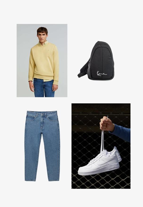 Scalpers FADE - Sweatshirt - mustard; Jean en denim bleu avec une coupe droite, cinq poches et une fermeture éclair. Caractéristiques de surpiqûres visibles et d'une texture délavée.; Baskets en cuir blanc avec perforations, à bout rond, semelle plate et lacets épais, arborant un logo swoosh visible et "AIR" sur le talon.; Sac à dos en toile noire avec une texture lisse, arborant un design courbé, un compartiment zippé et un logo blanc sur le devant.