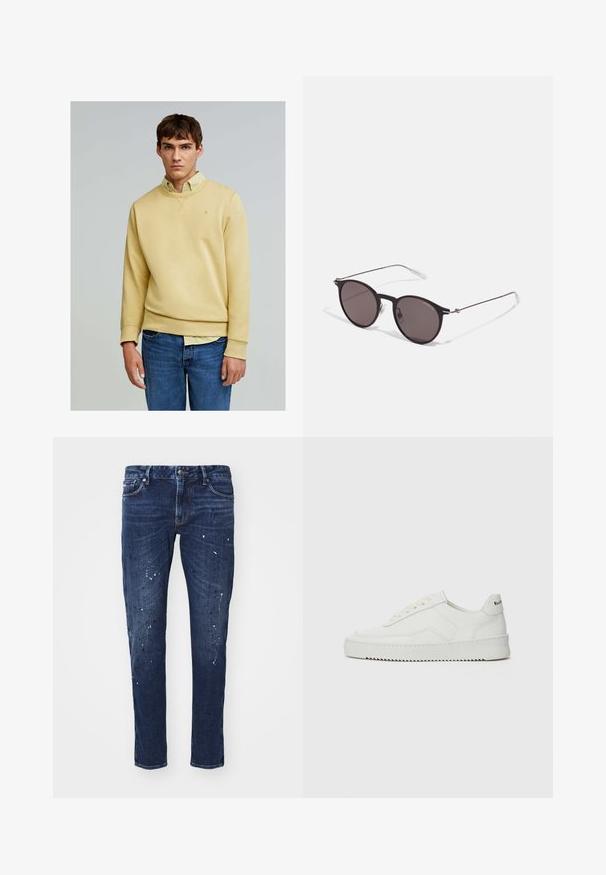 Scalpers - Bluza; Ciemnoniebieskie dżinsy o dopasowanym kroju, zdobione plamkami farby, widocznymi szwami oraz standardowym pięciopocketowym designem. Prosto cięte nogawki.; Białe skórzane sneakersy o gładkim wykończeniu, okrągłym nosku, płaskich sznurówkach i teksturowanej podeszwie. Charakteryzują się delikatnym logo na pięcie.; Czarne okrągłe okulary przeciwsłoneczne z ciemnymi soczewkami i smukłymi metalowymi ramkami. Zawierają przezroczyste końcówki zauszników oraz srebrne akcenty przy zawiasie. Minimalistyczny design.