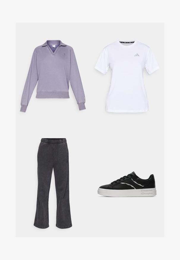 Sweatshirt roxo com decote em V e mangas longas, apresentando uma bainha e punhos canelados. Inclui um pequeno logo no lado esquerdo do peito e na manga.; Camisola desportiva branca de manga curta feita de tecido respirável. Apresenta um logótipo prateado da Adidas no lado esquerdo do peito e um decote redondo.; Calças de moletão largas em tecido cinza escuro com uma textura suave. Apresentam uma cintura elástica e um logótipo bordado na lateral.; Sapatilha de couro preta com sola branca, apresentando finos realces em prata e design com atacadores. Textura suave com detalhamento de marca na parte de trás.