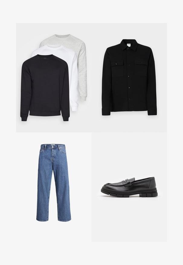 Three crewneck sweatshirts in black, white, and light gray. They feature long sleeves, ribbed cuffs, and soft, textured fabric.; Black button-up shirt made of smooth fabric, featuring two chest pockets, a point collar, and buttoned cuffs. Simple design with minimal detailing.; Light blue denim jeans with a straight-leg design, high waist, and minimal stitching details. The fabric has a soft, slightly faded texture.; Black leather loafers with a smooth finish, featuring a front strap detail and a chunky rubber sole with grooved accents.