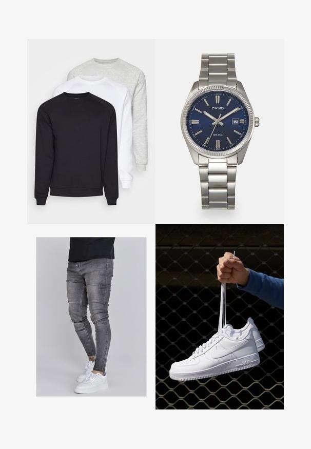 Tři mikiny s kulatým výstřihem v černé, bílé a světle šedé barvě. Mají dlouhé rukávy, žebrované manžety a měkkou, texturovanou tkaninu.; Slim fit džíny v bledě šedém denimovém provedení, s opotřebovanými detaily na kolenou, kombinované s bílými teniskami. Hladká textura, těsný střih.; Bílé kožené tenisky s perforacemi, kulatou špičkou, plochou podrážkou a silnými tkaničkami, které mají viditelné logo swoosh a nápis "AIR" na patě.; Stříbrný nerezový náramkový hodinky s navy modrým ciferníkem, kovovými hodinovými značkami a oknem pro datum na hodině 3. Vodotěsné do 50 metrů.