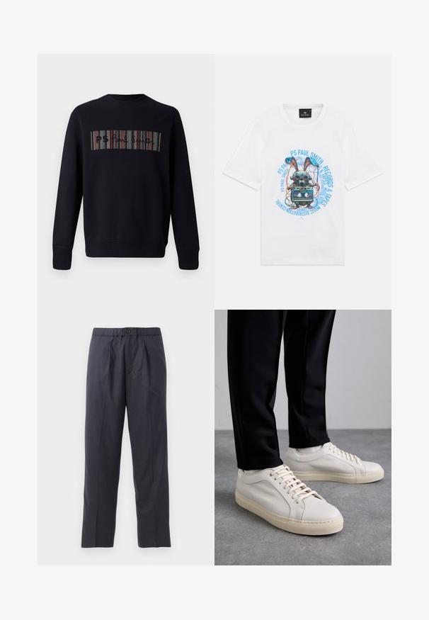 Felpa nera con colletto a girocollo, caratterizzata da ricami a strisce multicolori sul davanti che mostrano il testo "PS." Maniche e orlo a coste.; T-shirt bianco con grafica di un coniglio meccanico che tiene un nastro cassette, circondato da testo blu che recita "PS Paul Smith Records & Tapes".; Pantaloni scuri in navy realizzati in tessuto morbido, con design a pieghe frontali e vita elastica. Presentano una chiusura con bottone e un taglio dritto.; Sneaker in pelle beige chiaro con lacci piatti, superficie texturizzata e suola in gomma di colore crema in contrasto, abbinati a pantaloni neri a sigaretta.