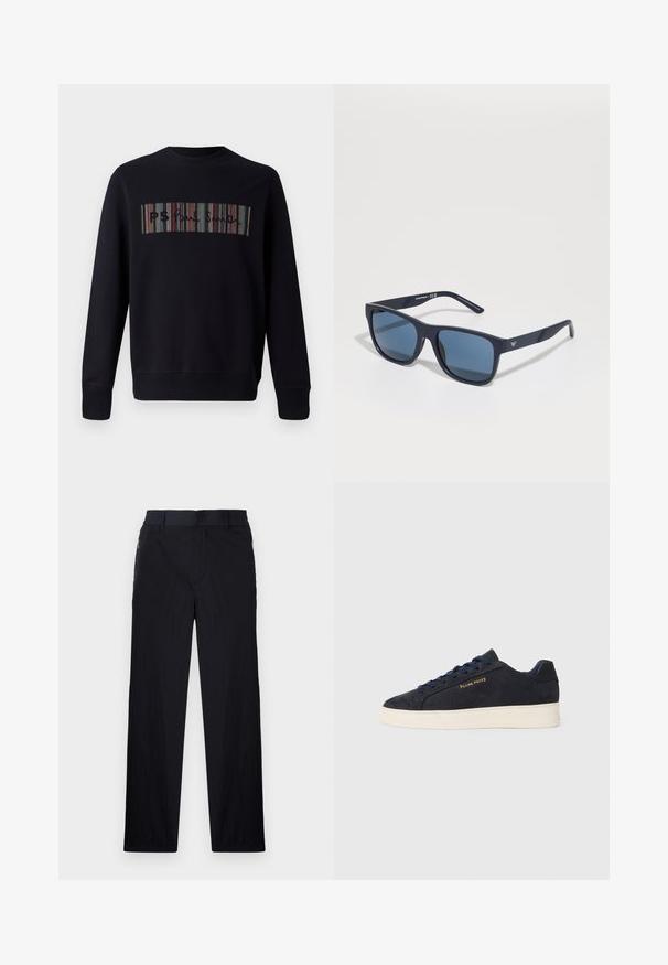 Czarna bluza z okrągłym dekoltem, z wielokolorowym haftem w paski na przodzie z napisem "PS". Rękawy i dół zakończone ściągaczem.; Czarne spodnie wykonane z lekkiego, teksturowanego materiału, o prostym kroju, z elastycznym paskiem i bocznymi kieszeniami na zamek.; Granatowe zamszowe sneakersy niskie z białą podeszwą, granatowymi sznurówkami i logo "Filling Pieces" w złotym kolorze na boku.; Niebieskie prostokątne okulary przeciwsłoneczne z ciemnymi soczewkami, matowa granatowa oprawka, szczegół z logo na zauszniku, proste ramiona oraz solidna, gładka tekstura.