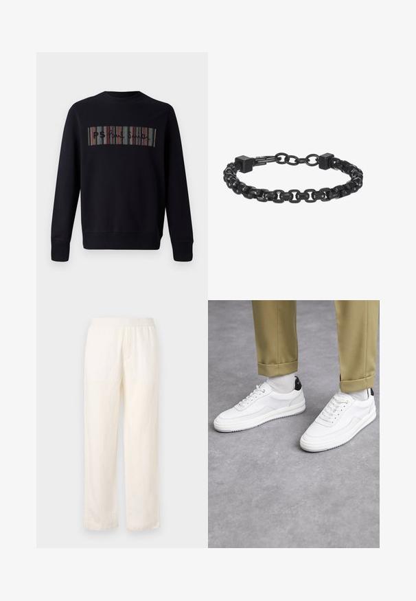 Czarna bluza z okrągłym dekoltem, z wielokolorowym haftem w paski na przodzie z napisem "PS". Rękawy i dół zakończone ściągaczem.; Lekki, kremowy kolor spodni z elastycznym pasem, prostym krojem nogawek i subtelną teksturą. Nie posiada widocznych kieszeni.; Białe sneakersy z fakturowaną skórzaną wykończeniem, okrągłym noskiem i czarnym akcentem na pięcie. Gumowa podeszwa z małym wzorem bieżnika i przeszyciem.; Bransoletka z czarnego metalu z ogniwami połączonymi w kształcie kwadratów i gładką fakturą. Regulowany projekt zapewniający odpowiednie dopasowanie.