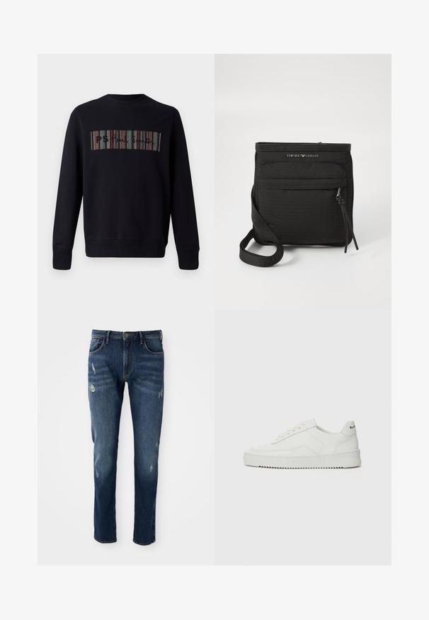 Black sweatshirt with a crew neck, features multicolored striped embroidery on the front displaying the text "PS." Cuffed sleeves and hem.; Dark blue denim jeans with slim fit, slight distressing on thighs and knees, classic five-pocket design, and button closure.; White leather sneaker with a smooth finish, round toe, flat laces, and a textured sole. Features a subtle logo on the heel.; Black Emporio Armani crossbody bag with front zipper pocket, adjustable strap, and logo detail on textured fabric.