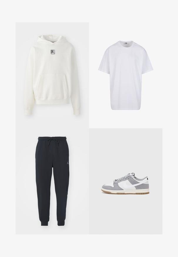 Witte hoodie gemaakt van zachte stof. Heeft een centrale voorzak en een grijze logo-opdruk op de borst. Loose fit met geribde manchetten.; Witte katoenen t-shirt met korte mouwen, ronde hals, relaxte pasvorm en zonder zichtbare logo's of patronen. Gladde textuur en minimalistisch ontwerp.; Zwarte joggingsbroeken van zachte stof, met een elastische tailleband met trekkoord, geribbelde boorden en een klein logo op de linker dij.; Grijze en witte sneaker met een bovenwerk van suede en leer, ronde neus, platte veters en een rubberen zool met een gumaccent.