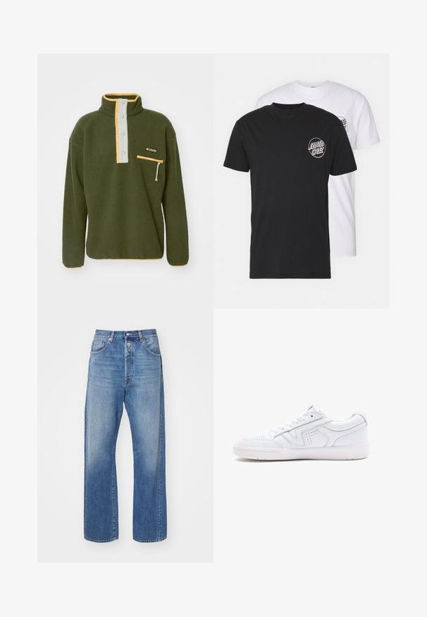 Grön fleecepullover med halvdagsdragkedja, hög krage, kontrasterande gul och ljusblå detaljering samt en ficka med dragkedja på bröstet. Mjuk textur.; Pack med två t-shirts: en svart och en vit. Båda har korta ärmar och en cirkulär logo på bröstet i kontrasterande färg. Material i bomull.; Ljusblå denimjeans med rak benstil, med knappgylf, fem fickor och subtila blekningar på tyget.; Vita lädersneaker med en låg design, rund tå, perforerad detalj och en texturerad sula. Snören och subtila stygn ingår.