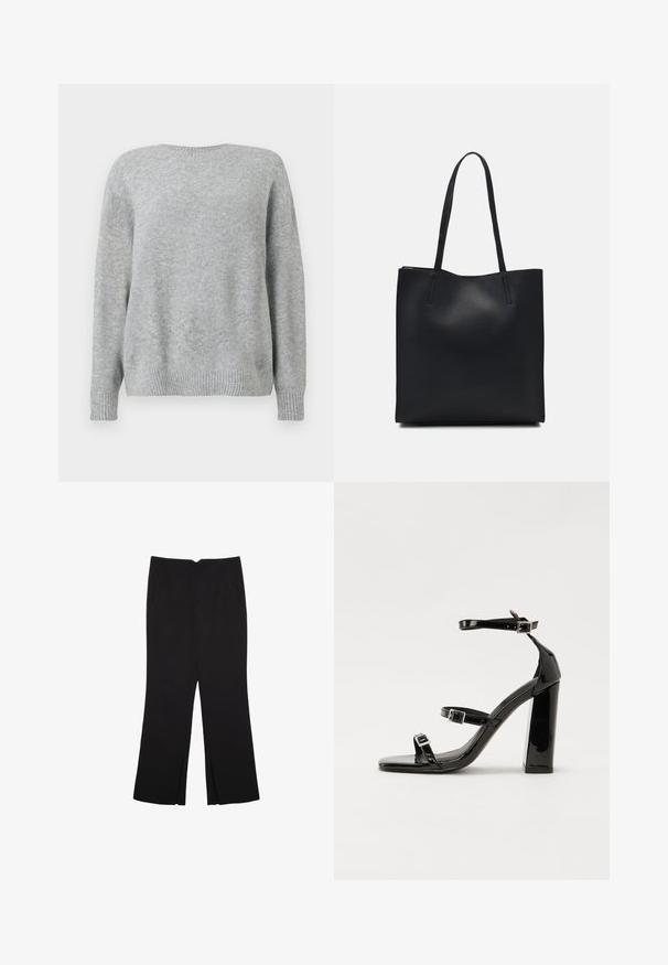 Hellgrauer Pullover aus weichem Stoff, mit Rundhalsausschnitt, lockerer Passform und gerippten Bündchen sowie Saum für Textur und Details.; Schwarze Hose mit geradem Schnitt, ausgestattet mit Fronttaschen und Seitenschlitzen am Saum. Hergestellt aus weichem, glattem Stoff. Geeignet für verschiedene Anlässe.; Schwarze patentierte Sandalen mit Absatz, quadratischer Spitze, Knöchelriemen und silbernen Schnallen. Mit einem stabilen Blockabsatz für mehr Stabilität.; Schwarze Laptoptasche aus Leder mit glatter Textur, rechteckiger Form und zwei langen Griffen. Keine sichtbaren Beschläge oder Verzierungen.